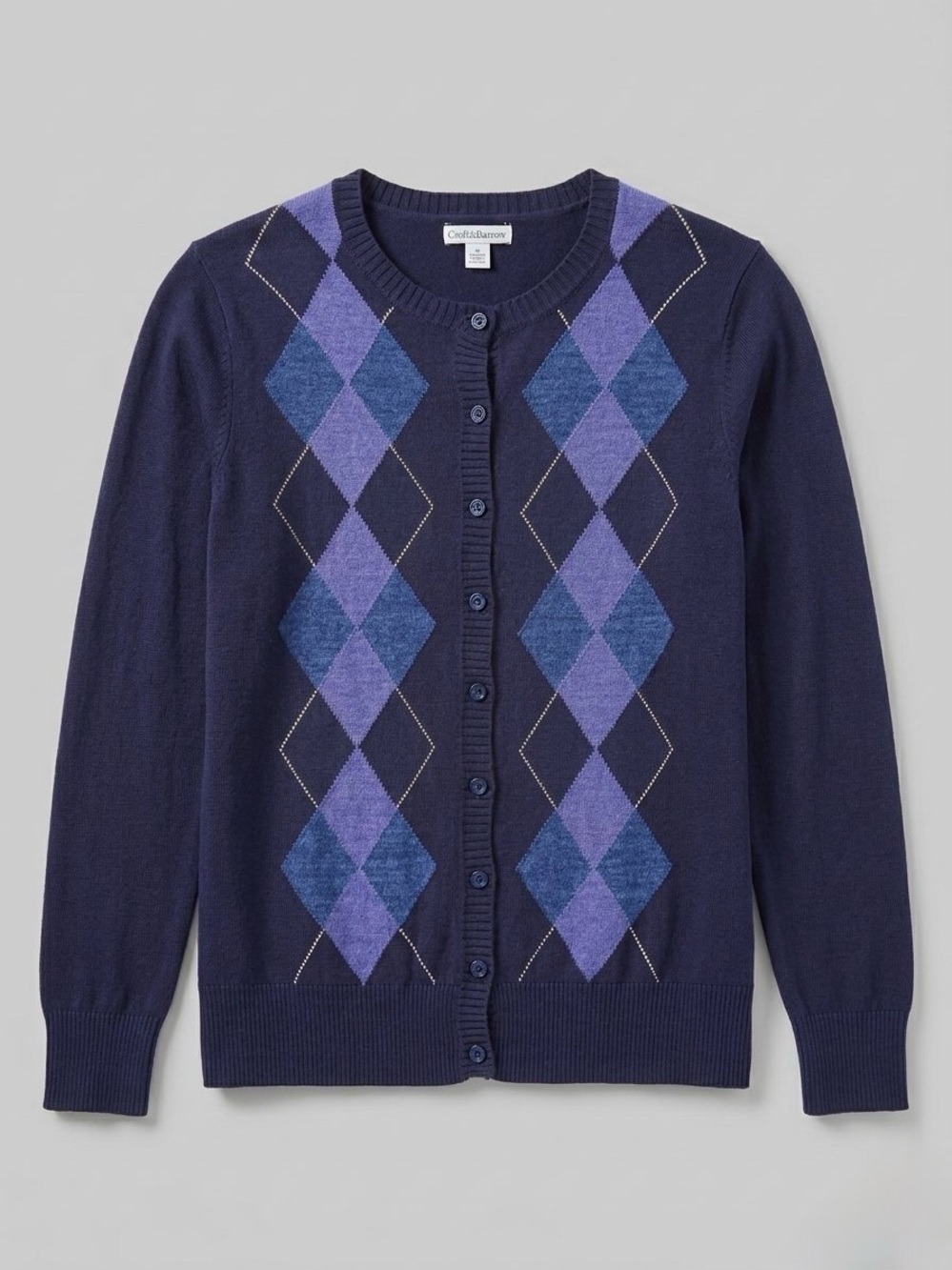 Croft & Barrow Navy Argyle Cardigan Sweater Purple Diamond Preppy Dark Academia